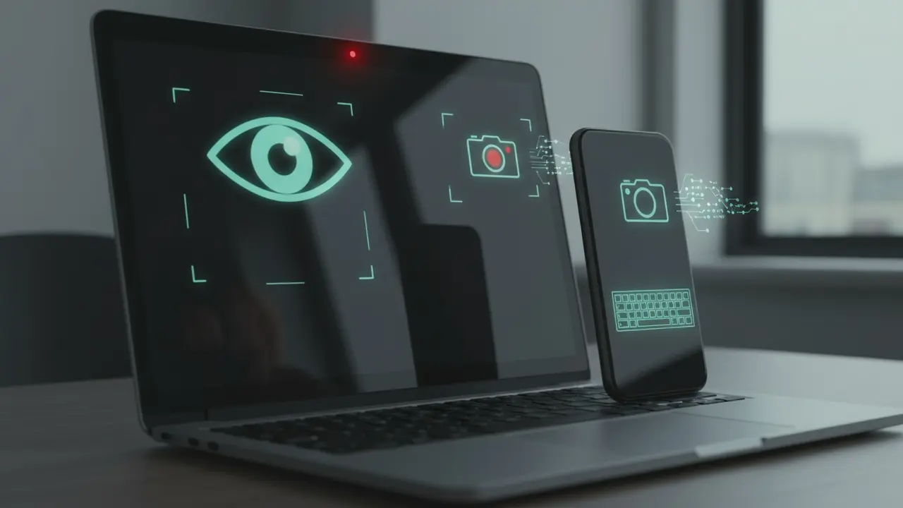 Bærbar skærm med spøgelsesagtige overvågningsikoner og advarselslys, symbol på spyware