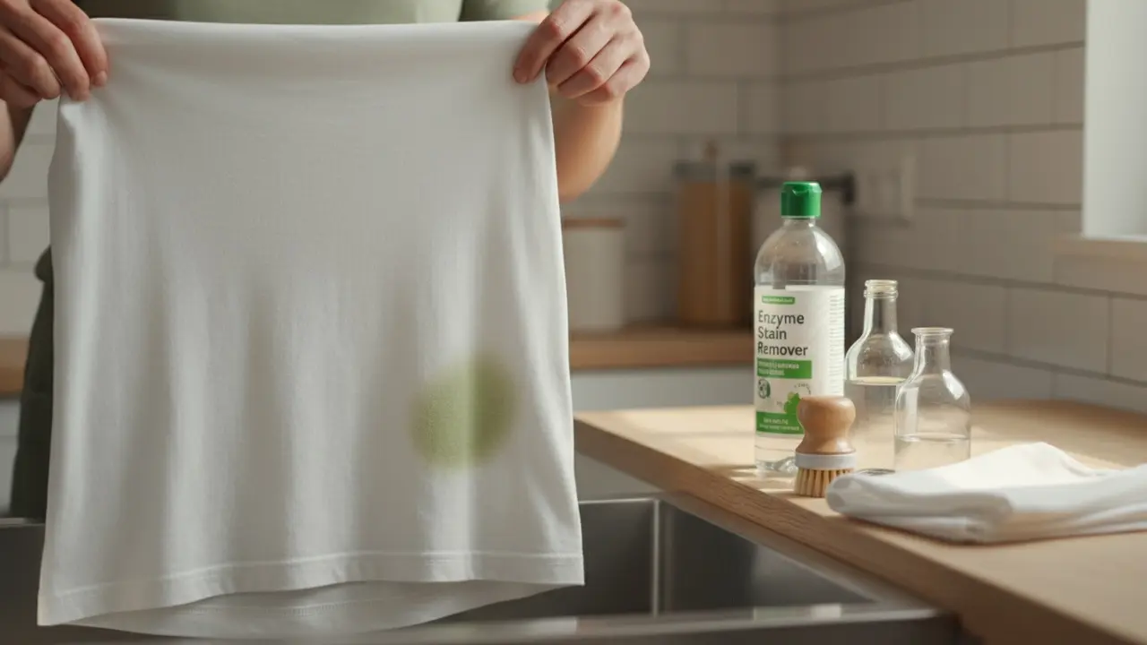 Hænder holder en hvid T‑shirt med tydelig grøn græsplet over køkkenvask.
