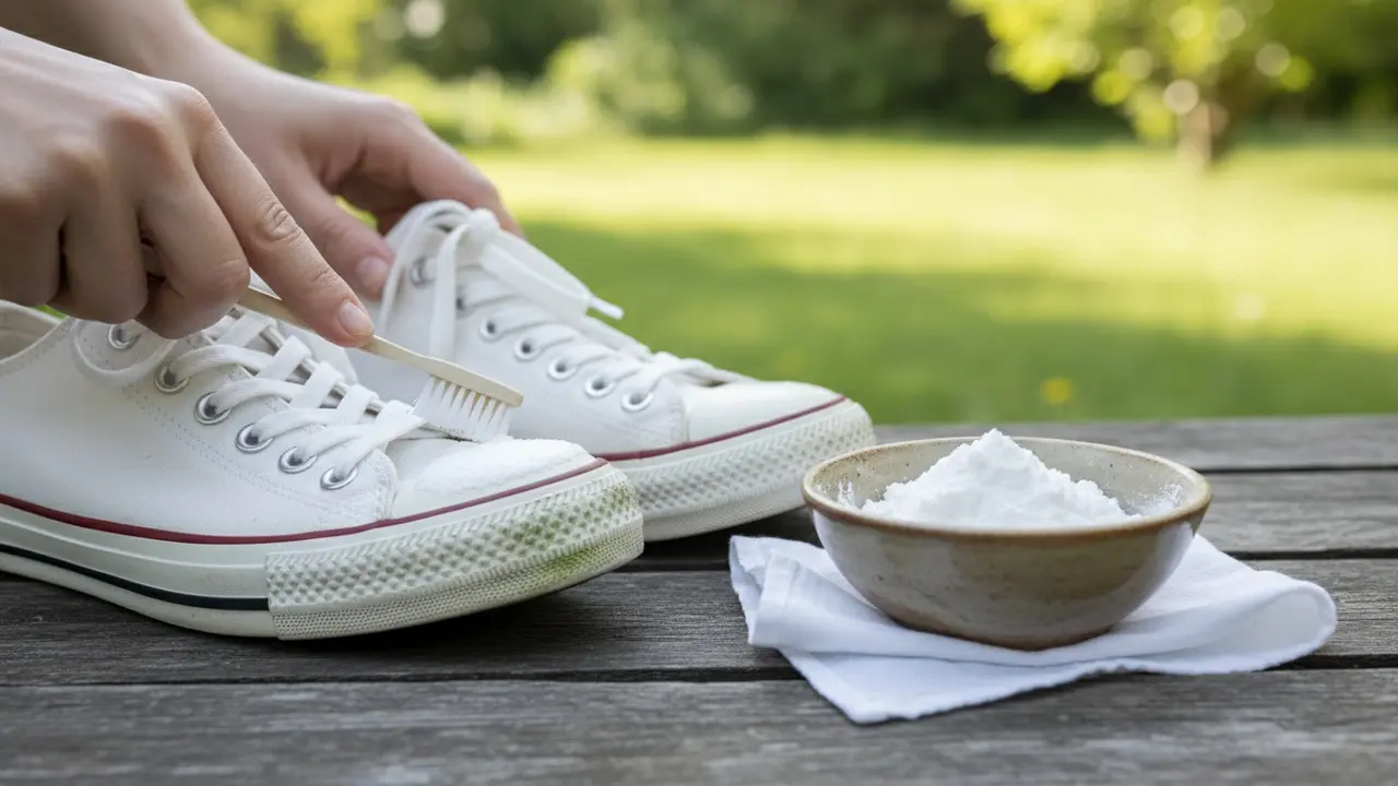 Hvide sneakers med græspletter der bliver skrubbet med tandbørste og bagepulverpasta.