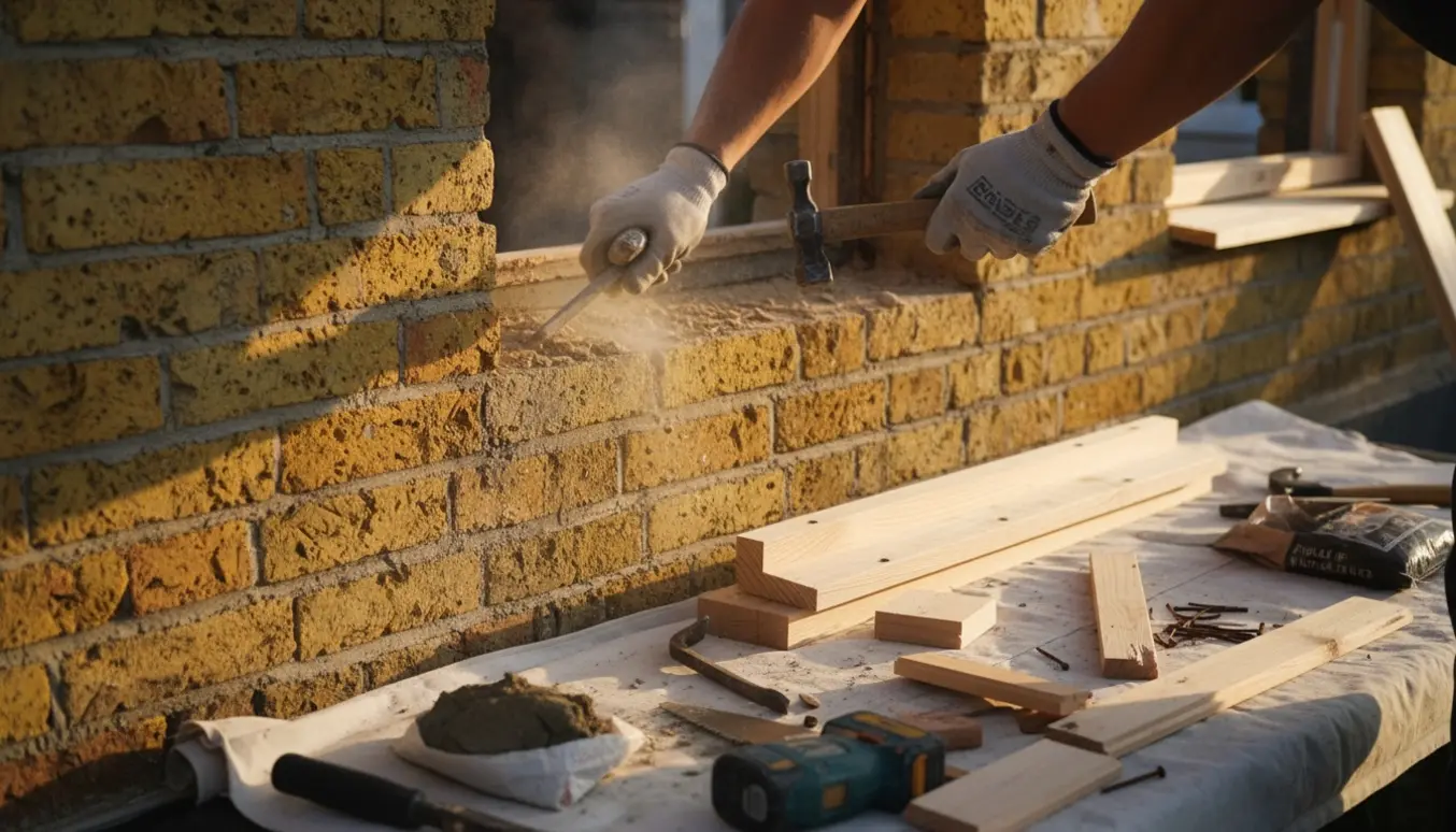 Håndværker fjerner mørtel fra gule mursten ved et vindue og forbereder ny træplade.
