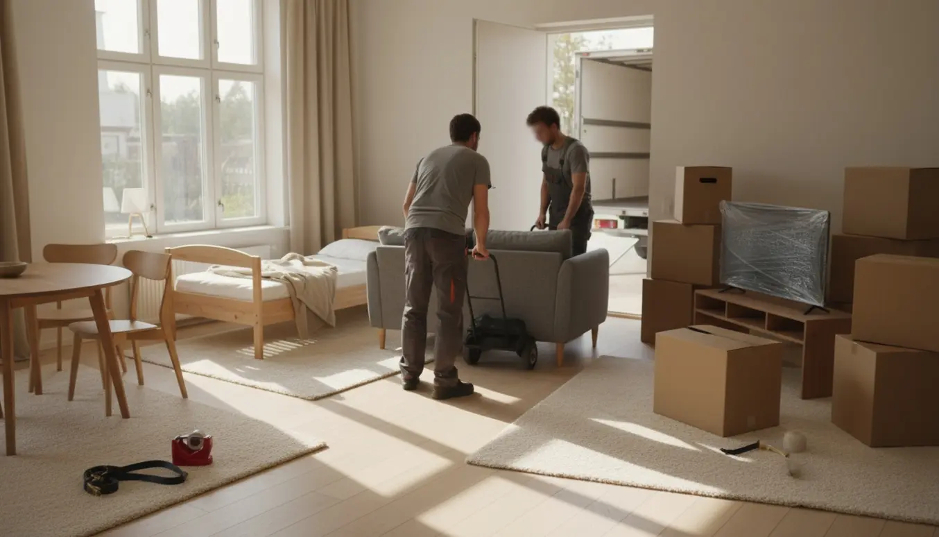 Flyttefolk løfter en sofa i en lys lejlighed med flyttekasser og en åben flyttebil udenfor.