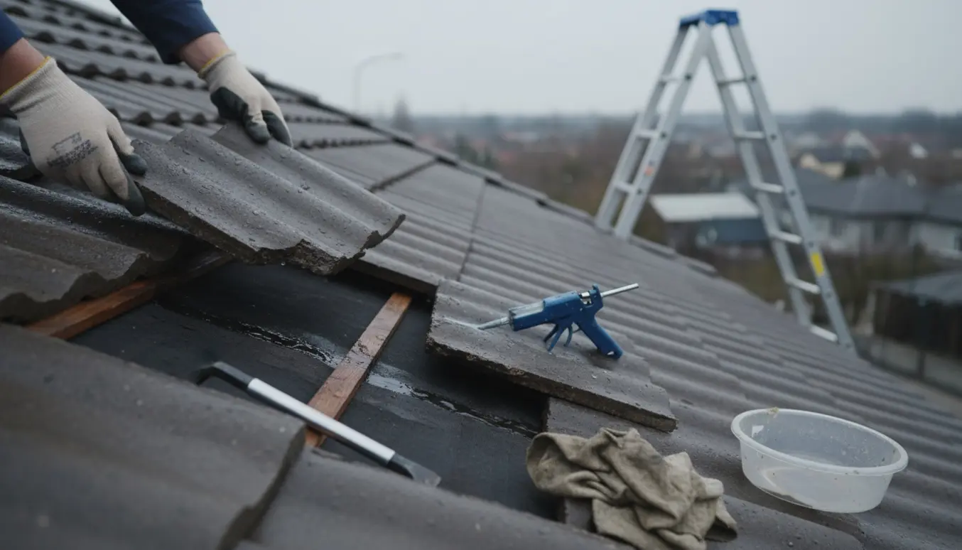 Nærbillede af hænder, der løfter en revnet beton tagsten og afslører en våd understrøm efter regn.
