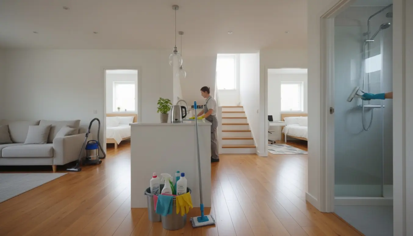 Rengøringsvogn i forgrunden og en person set bagfra, der gør grundig rengøring i et lyst to-etagers parcelhus.