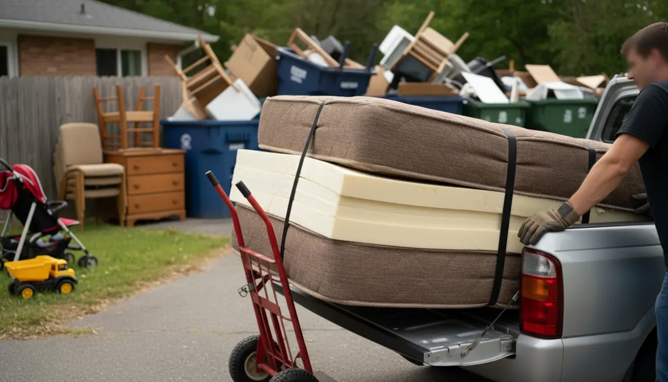 To personer læsser en boksmadras og topmadras ind i en varebil ved et genbrugsområde med barnevogn og legetøj i baggrunden.