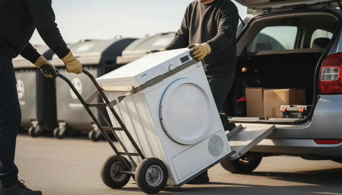 To personer bærer en tørretumbler mod genbrugsstationen, ansigter ikke synlige.