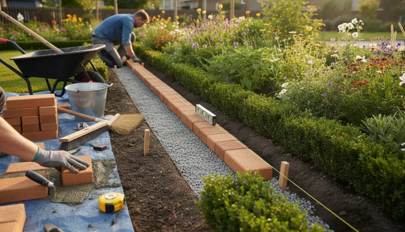 Herregård-fliser lægges som kant langs et bed med våd støbning ved hækken og værktøj i forgrunden.