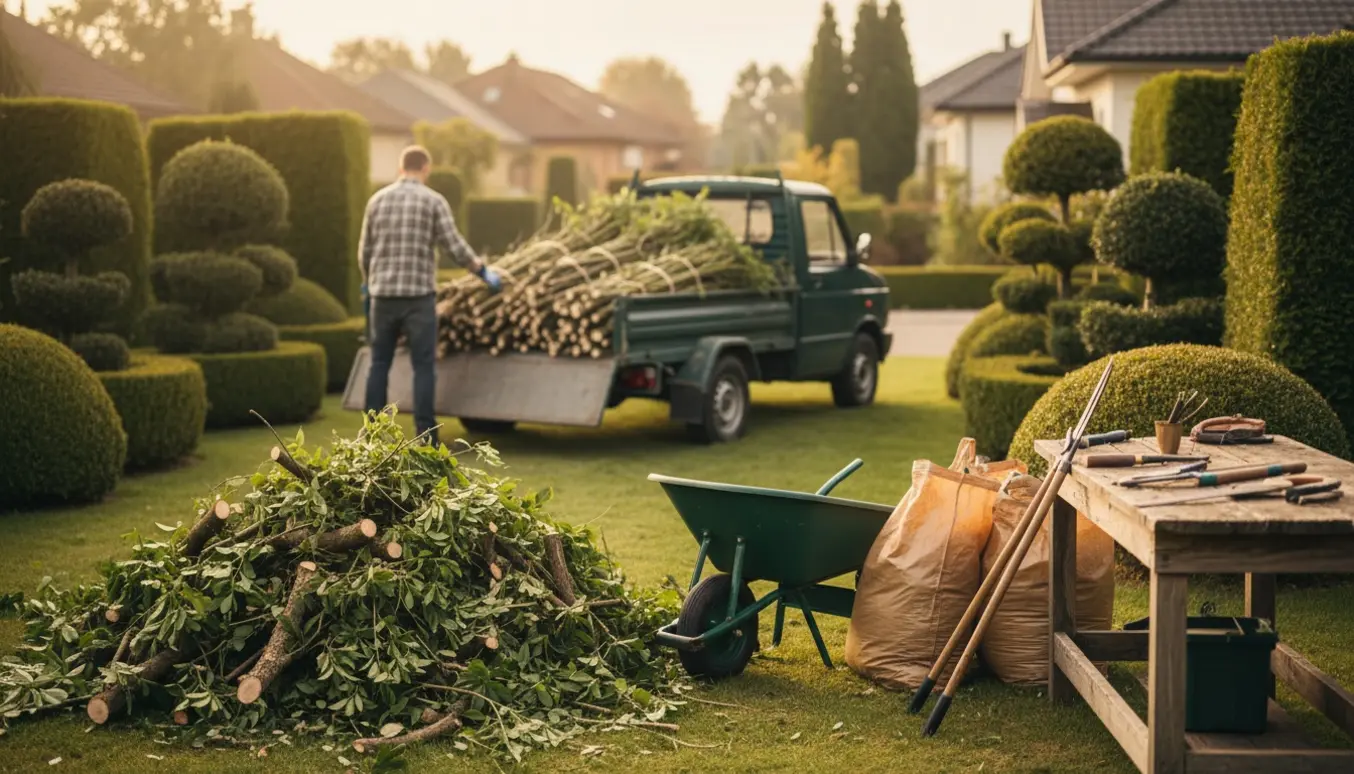Beskårne hække og buske og en arbejdende person uden synligt ansigt, der læsser haveaffald i en lille trailer.