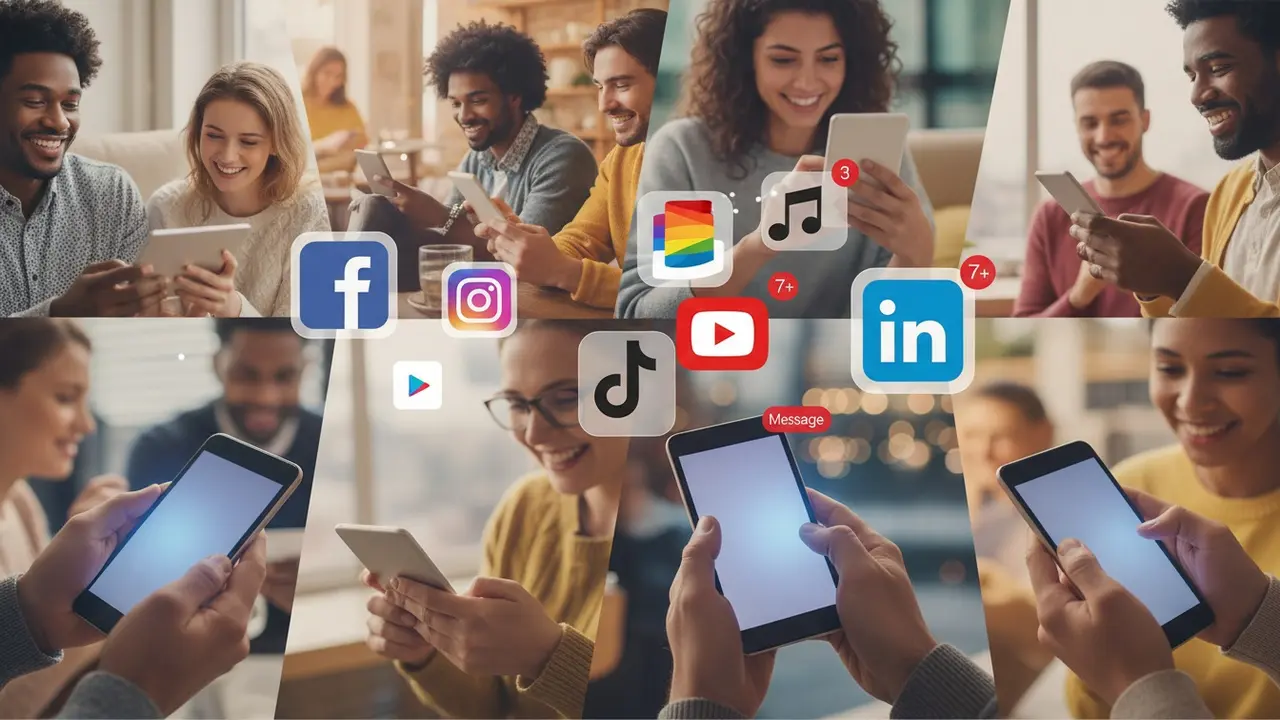 Collage af mennesker med smartphones og ikoner fra forskellige sociale medier