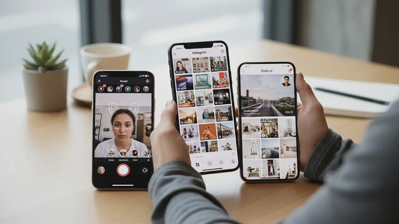 Smartphones med Instagram, Snapchat, BeReal og Pinterest visninger på et bord