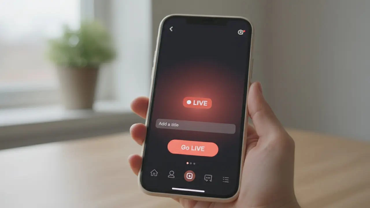 Smartphone med TikTok-skærm hvor live-fanen er valgt og 'Go LIVE'-knappen synlig