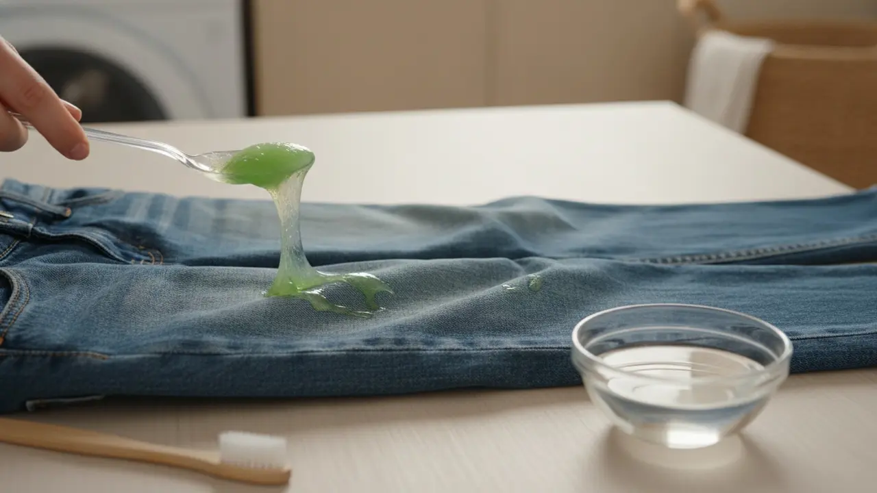 Nærbillede af jeans med slimplet, som skrabes væk med en plastske og eddike klar i en skål.