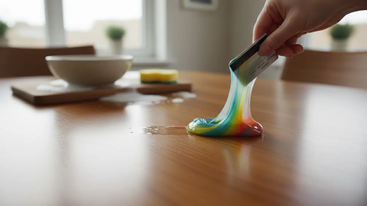 Plastskraber fjerner slim fra et træbord med opvaskebalje og svamp i baggrunden.