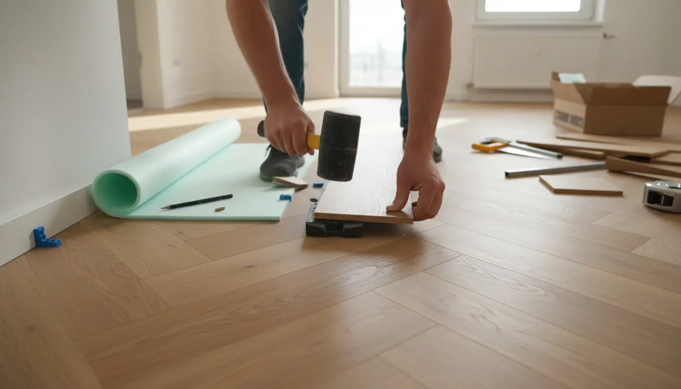 Nærbillede af hænder, der lægger laminatgulv i sildebensmønster i en lys moderne lejlighed.