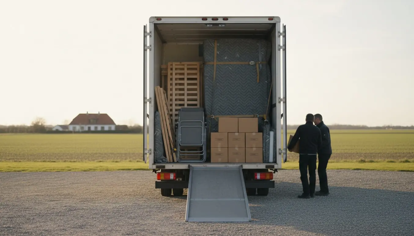 Flyttevogn på en gårdsplads med en 180x200-seng, otte flyttekasser og fire klapstole klar til transport.