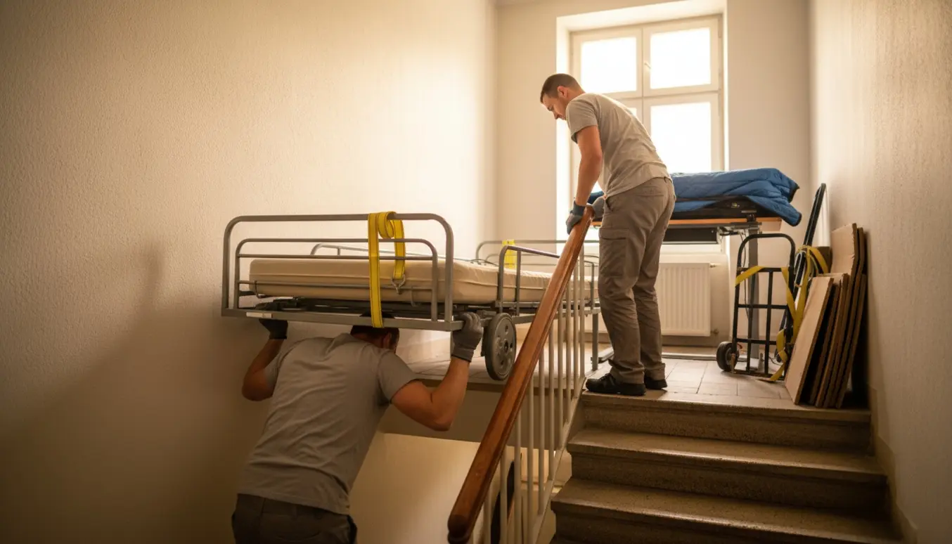 To personer bærer en metal el-seng op ad en trappe med et løftebånd, mens et el-skrivebord venter på første sal.