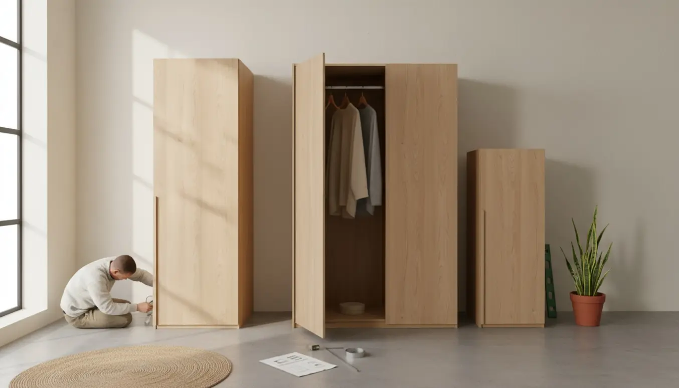 Tre garderobeskabe i forskellige størrelser (220, 160 og 80 cm) med fladlåger i et lyst, minimalistisk rum.