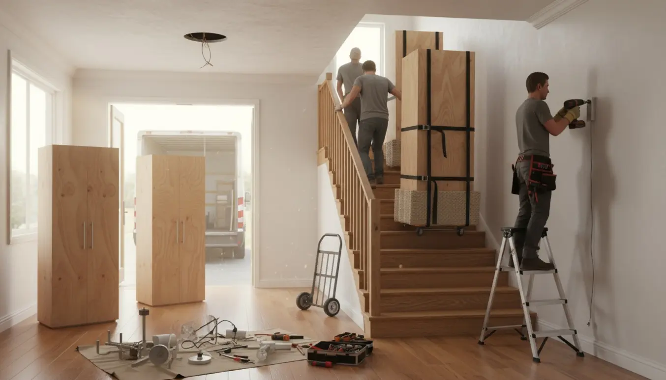 Flyttefolk bærer skabe ned ad en trappe, mens en tekniker afmonterer lamper på stueetagen.
