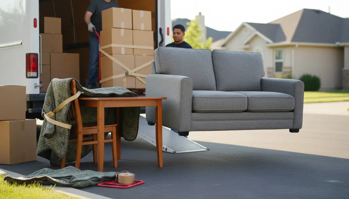 To flyttemænd læsser en topersoners sofa, flyttekasser, et lille bord og to stole ind i en varevogn.