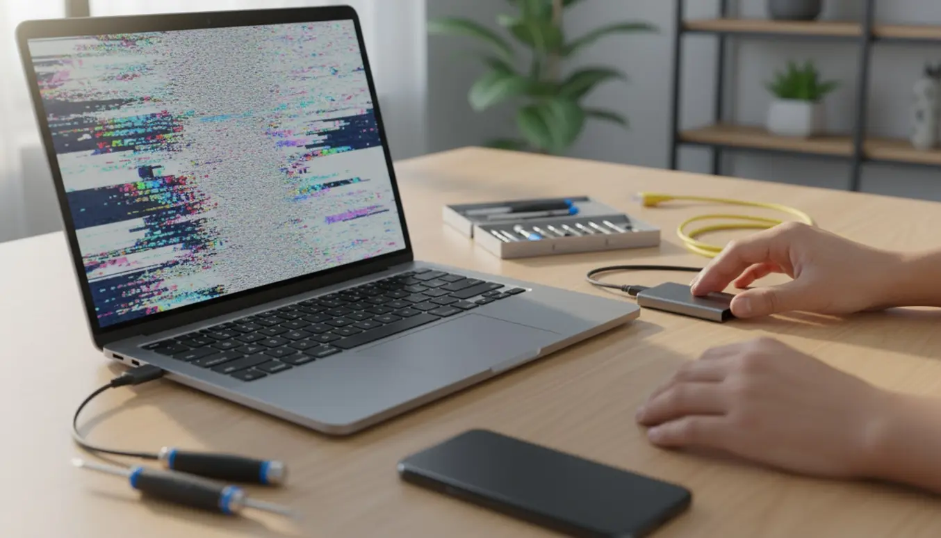 En 13-tommer Mac-lignende bærbar med farvet pixelglitch på skærmen, hænder ved tastaturet og et eksternt backup-drev på skrivebordet.