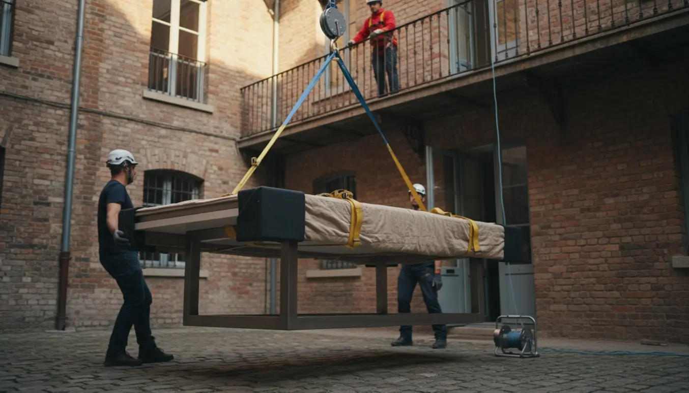 Et tungt stålbord med keramisk bordplade hejst fra gården op til tredje sal med talje og stropper.