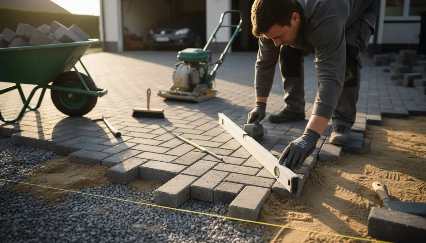 Delvist lagt fliseindkørsel med handsker, fliser og værktøj i forgrunden.