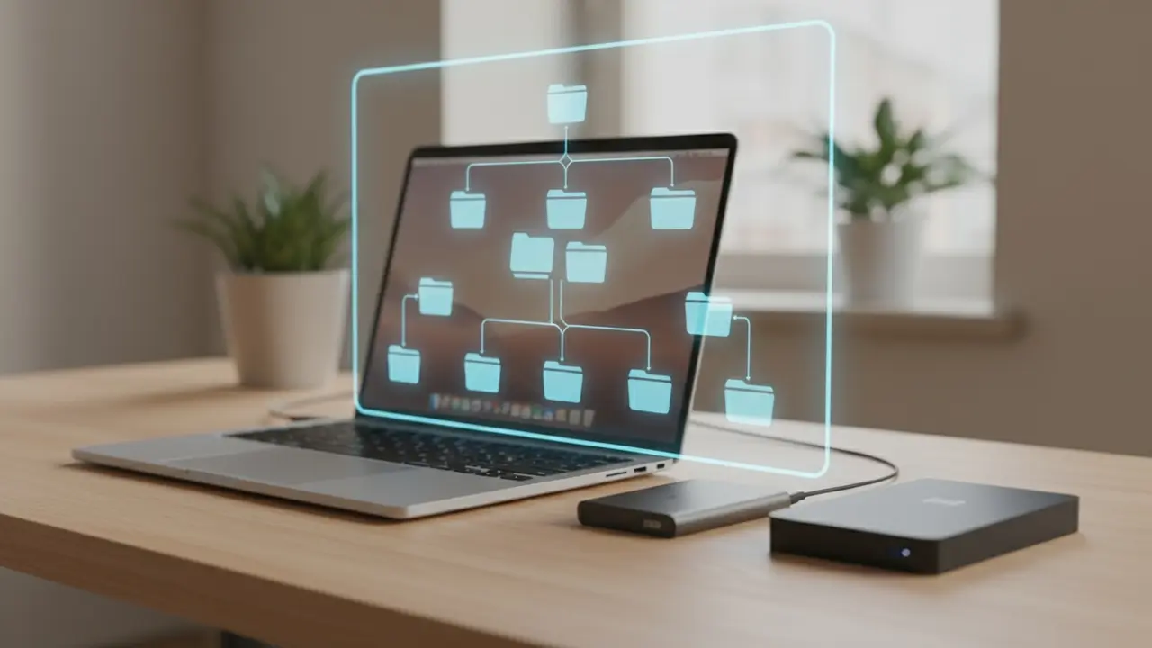 Arbejdsmiljø med bærbar, SSD og eksternt drev samt holografiske mappeikoner, der viser filorganisation.