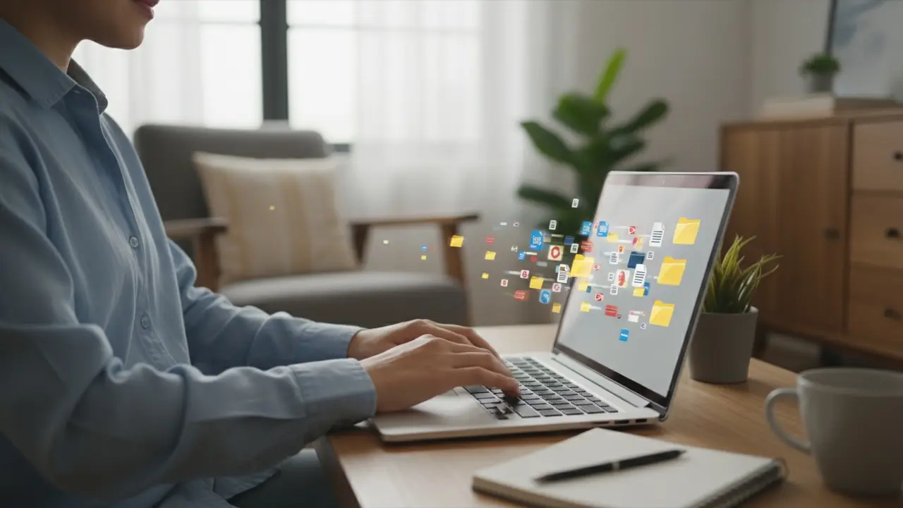 Person ved laptop med illustrerede filikoner, der automatisk organiseres i mapper på skærmen.