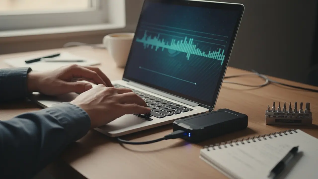 Tekniker ved bærbar computer med tilsluttet eksternt drev og disk-scanning i baggrunden.