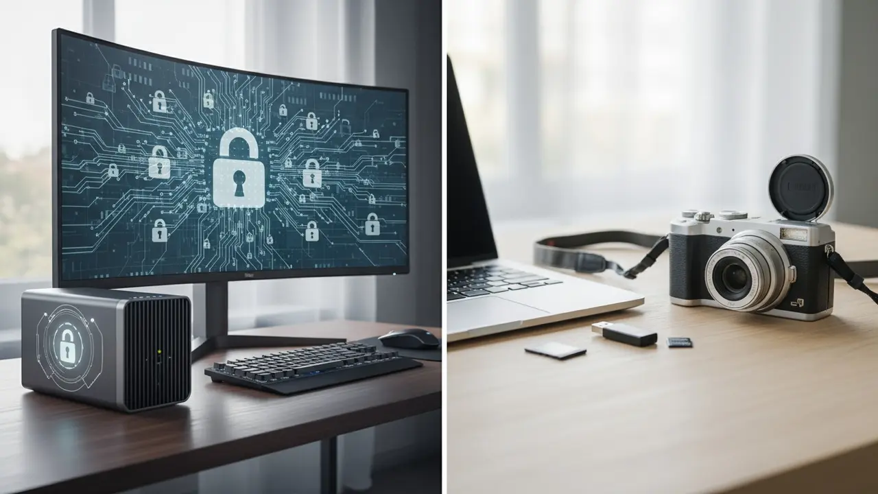 Delvist billede: venstre side viser sikker ekstern lagring, højre side viser bærbar USB/SD-løsning for kompatibilitet.