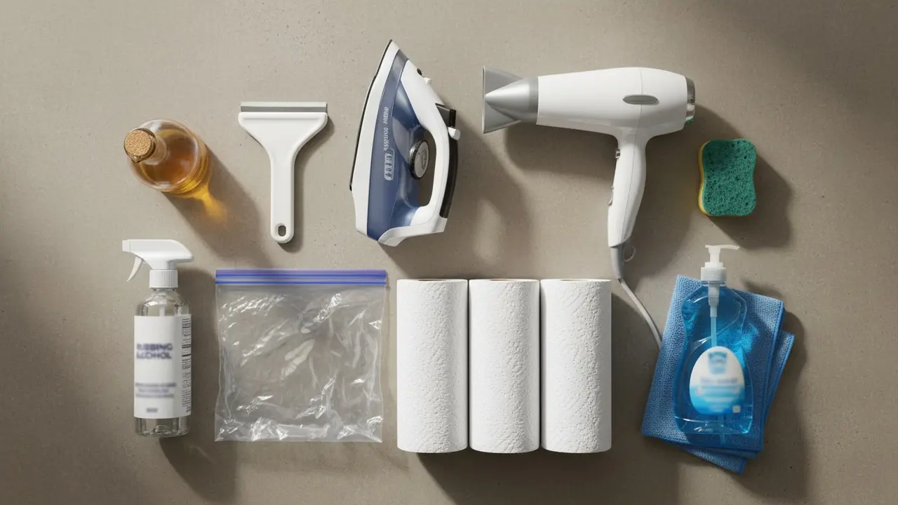 Oversigt over værktøj: plastkniv, strygejern, hårtørrer, køkkenrulle og rengøringsmidler