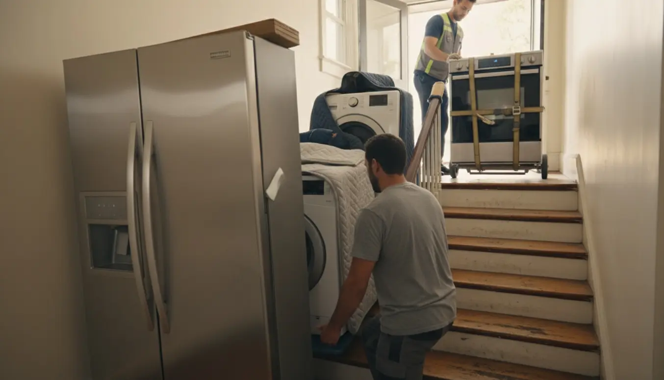 Flytning af køleskab, vaskemaskine og komfur ned ad trappe uden elevator med dolly og sikkerhedsudstyr.