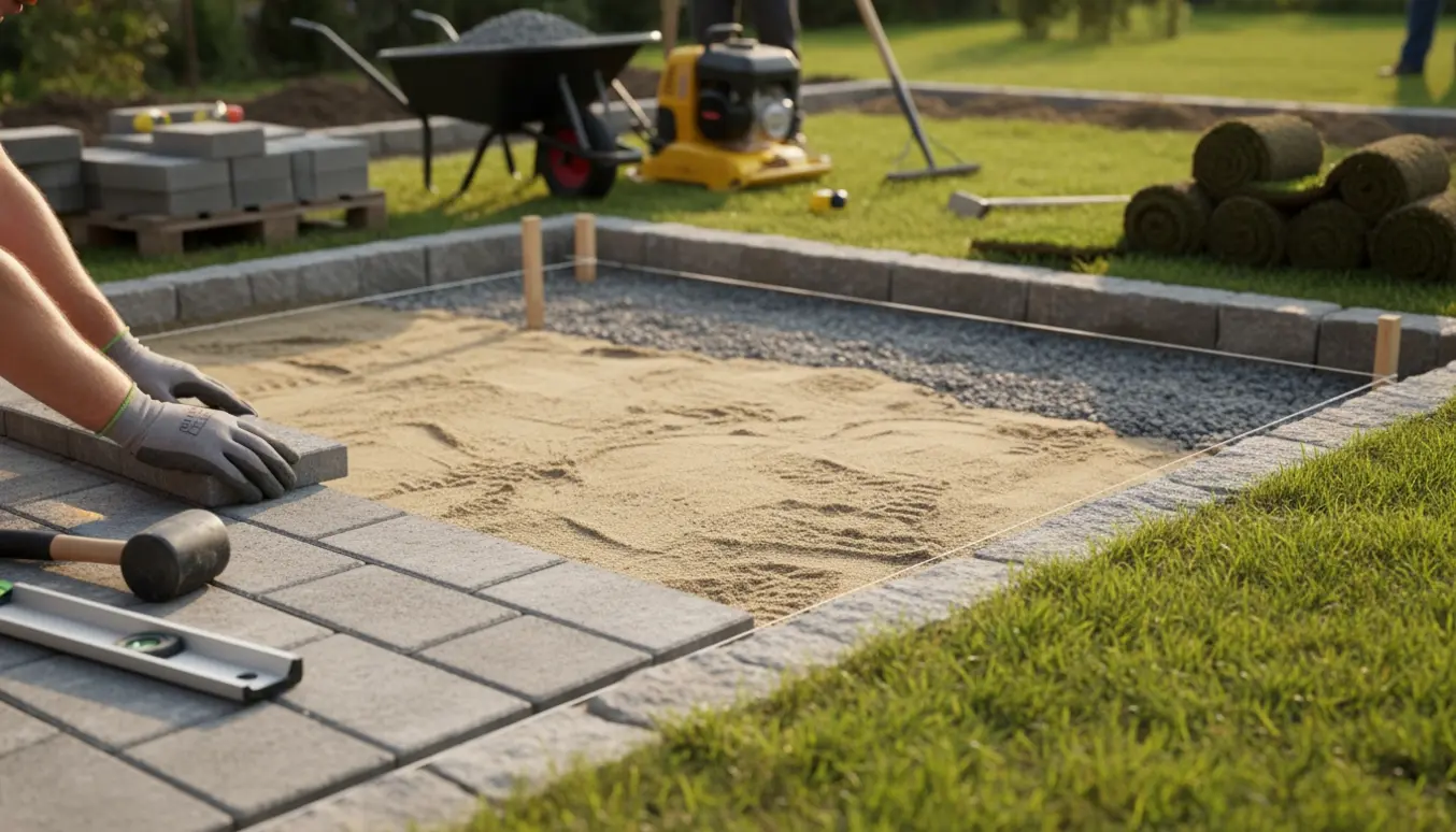 Pågående fliselægning i haven: hånd placerer flise på sand over grus i en firkantet udgravning.