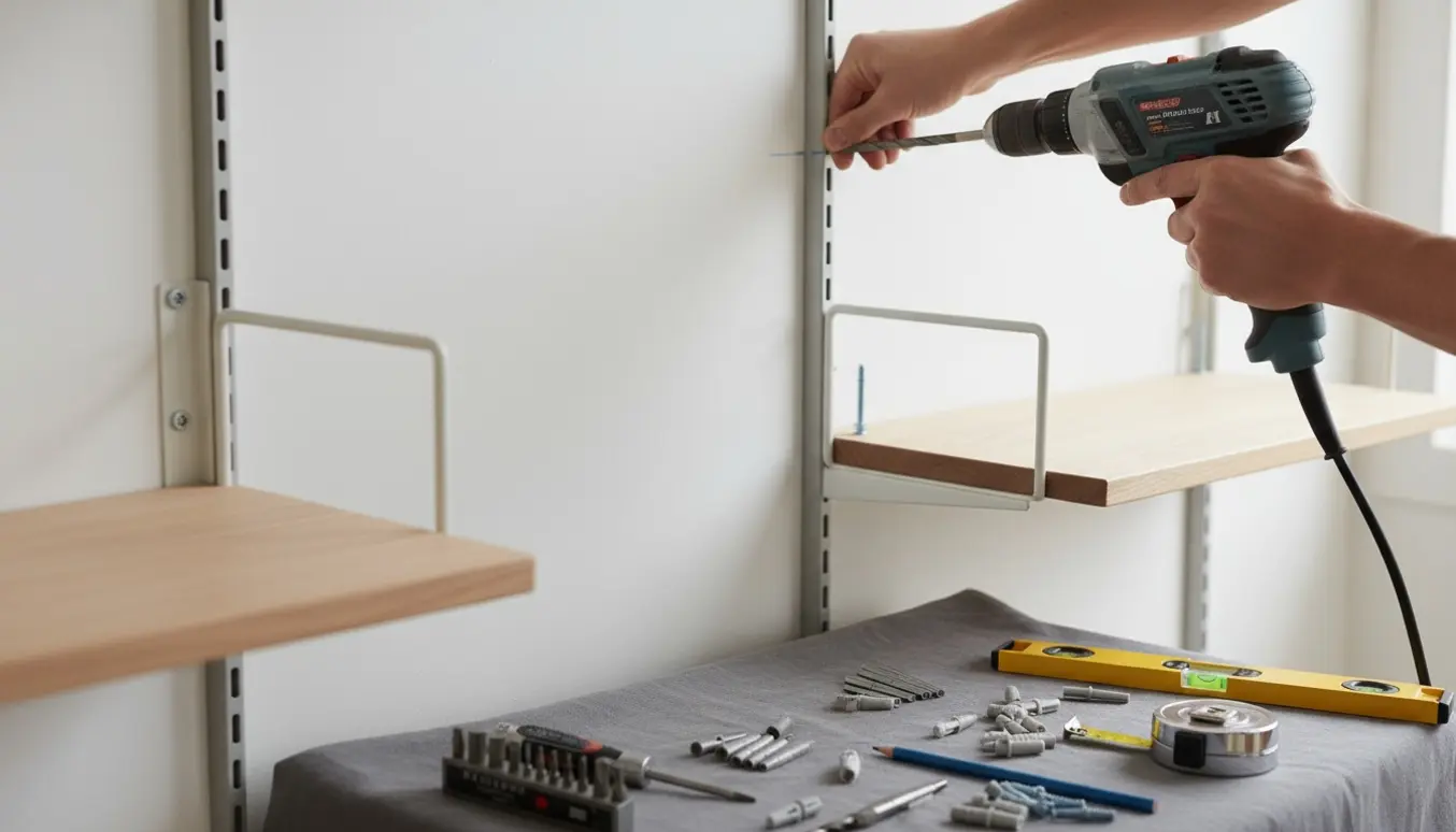 Nærbillede af opsætning af en String reol og to væghylder med værktøj og rawlplugs.