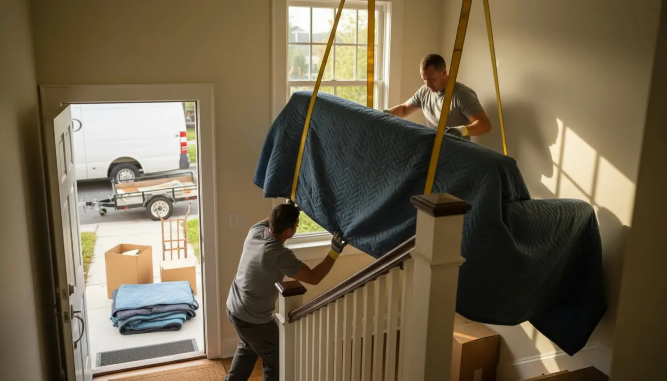 To flyttemænd bærer en indpakket sofa op ad en opgang med flyttebil og trailer udenfor.