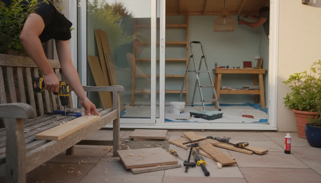 Sommerhus med håndværksarbejde: udskiftet bænkbræt, løse fliser og skur under ombygning.