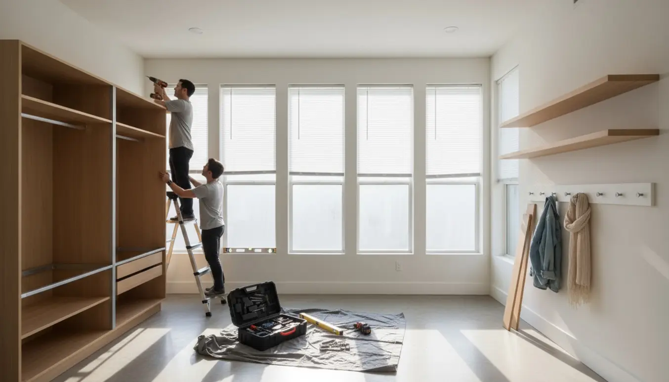 Hænder monterer persienner ved vinduer i et rum med et halvfærdigt klædeskab, hylder og to knagerækker.