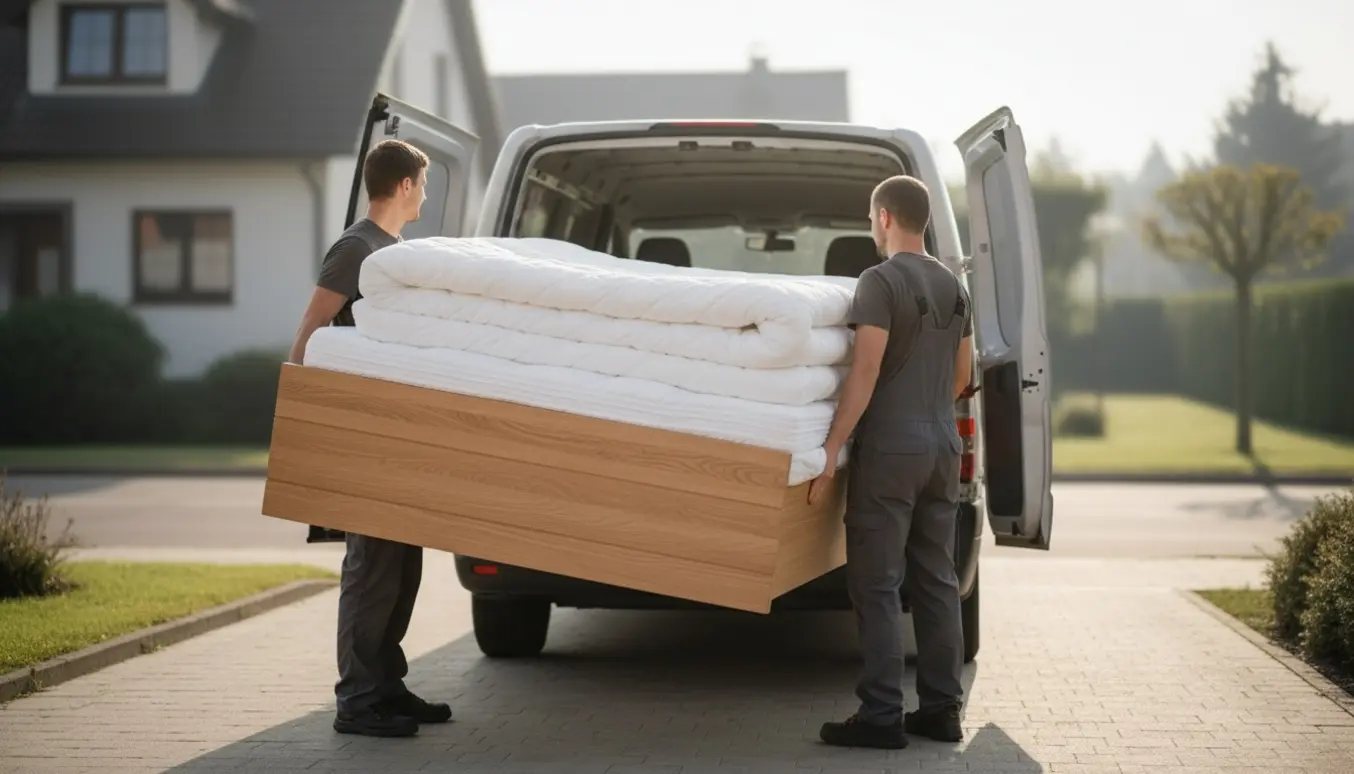 En 140x200 seng med topmadras læsses i en varevogn på en stille indkørsel.