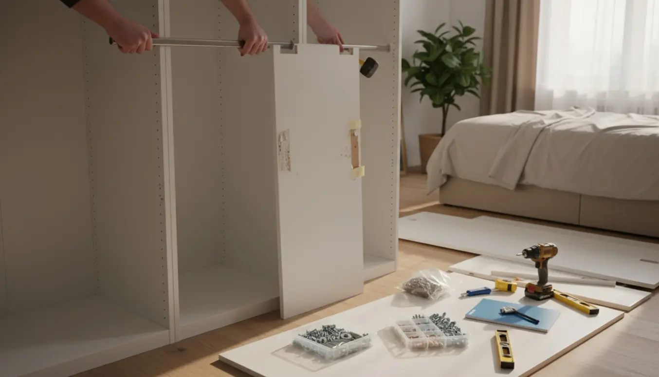 Hænder samler et brugt Pax-garderobeskab i et lyst soveværelse med værktøj og dele spredt omkring.