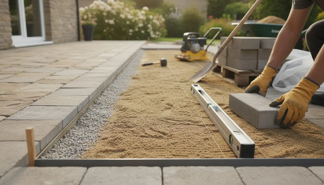 Udvidelse af flisebelagt terrasse under arbejde med udgravning, bærelag og nye fliser klar til lægning.