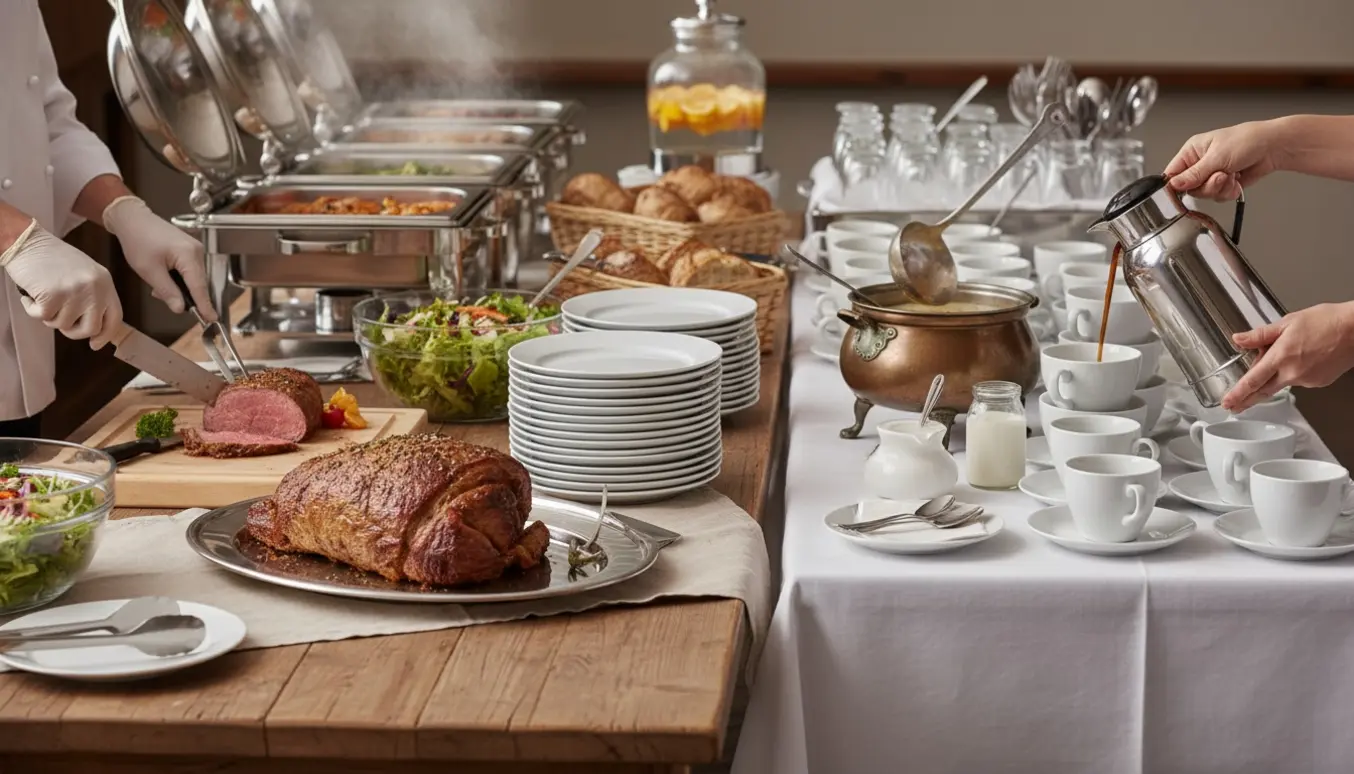 Buffet til konfirmation med hænder, der udskærer steg, fylder kaffe og serverer suppe med brød.