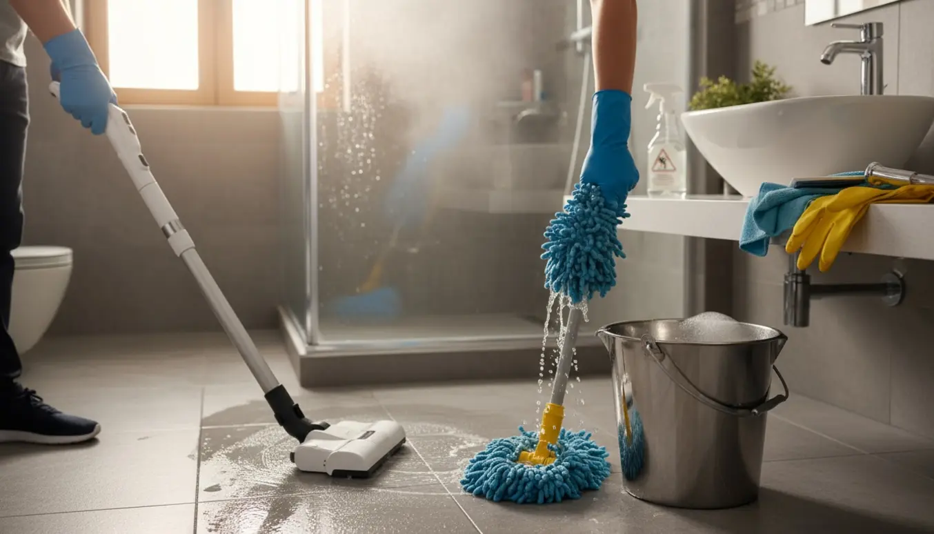 Et moderne badeværelse under månedlig rengøring med handsker, støvsuger og moppe.