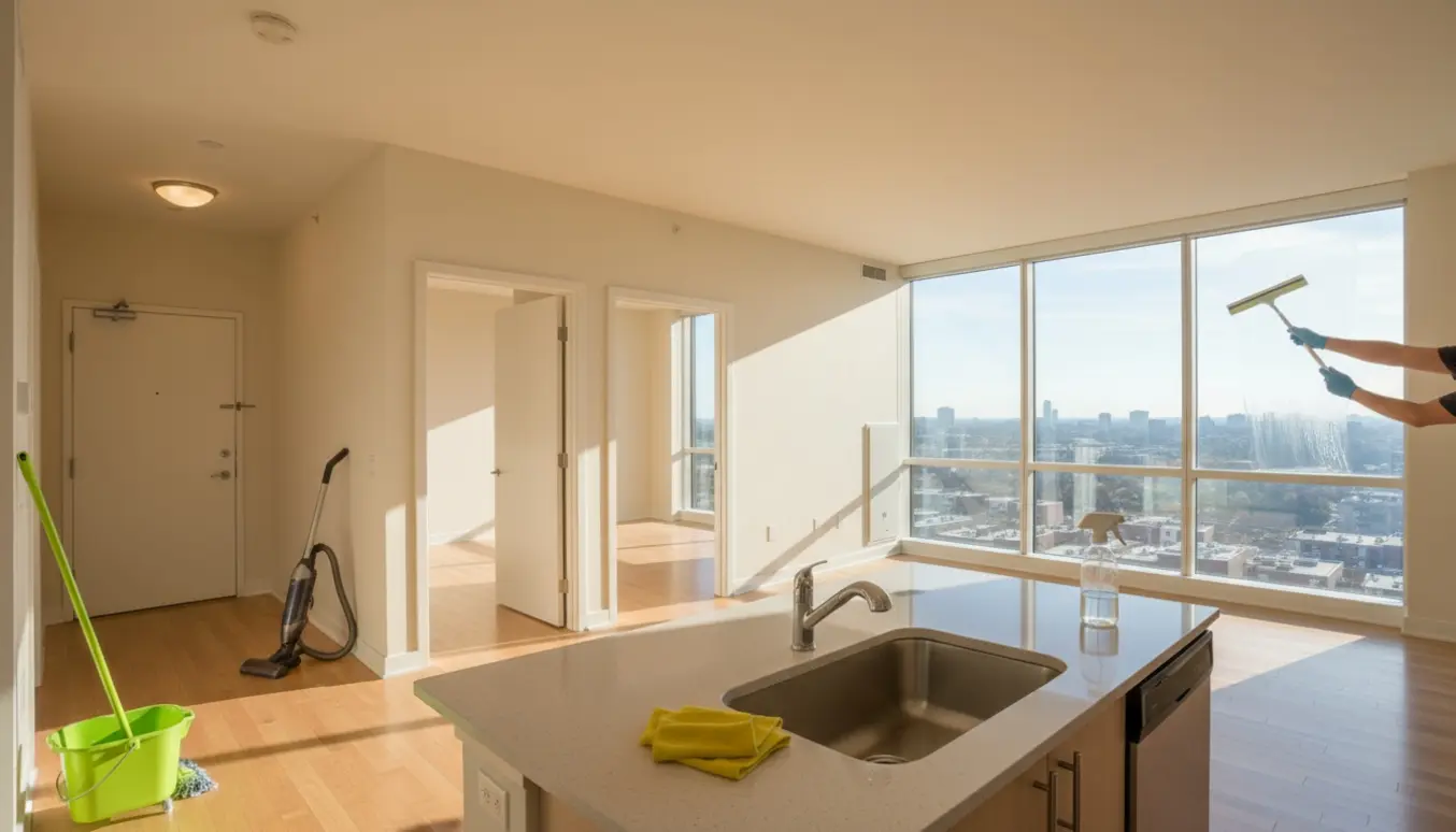 Skinnende rengjort, møbelløs lejlighed med rengøringsudstyr ved vinduet og rene overflader.