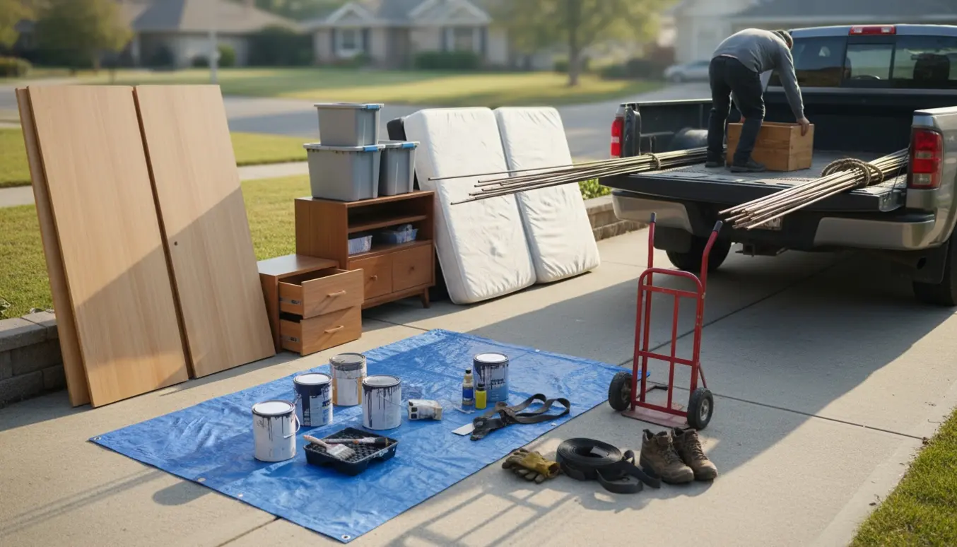 Storskrald på fortovet med nedtagne skabe, madrasser, metalstænger og malingsdåser klar til afhentning.