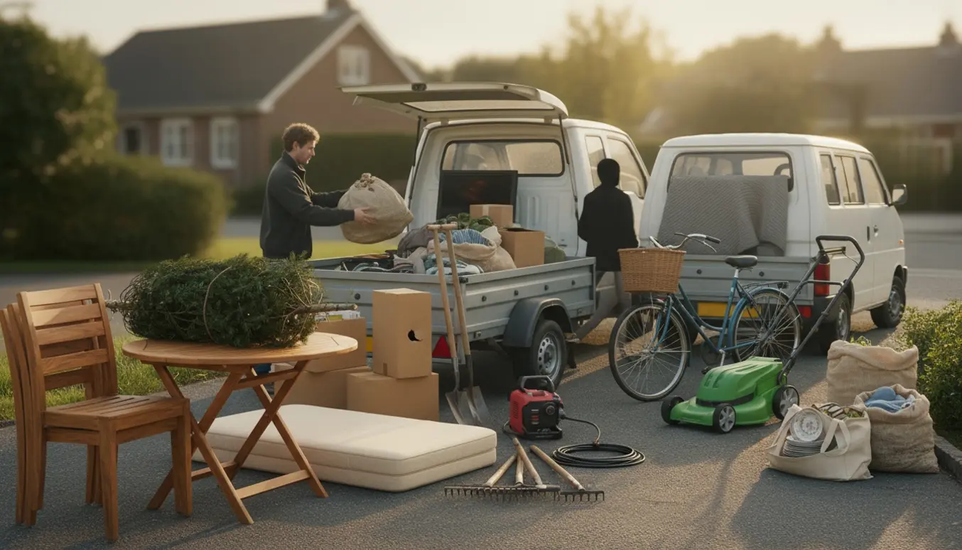 En åben varevogn lastet med havemøbler, maskiner og sække klar til aflevering på genbrugspladsen.