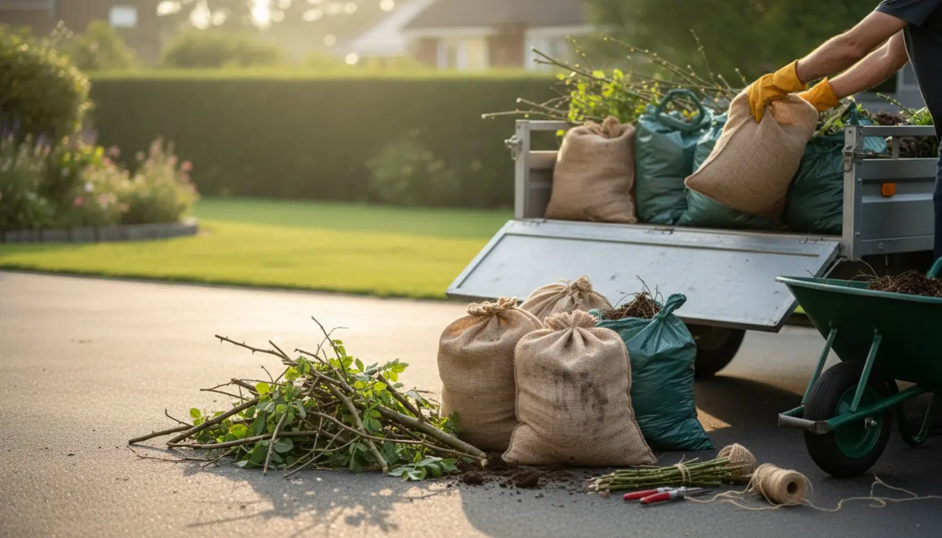 4–5 fyldte havesække og en bunke grene lagt klar til afhentning ved en åben trailer.