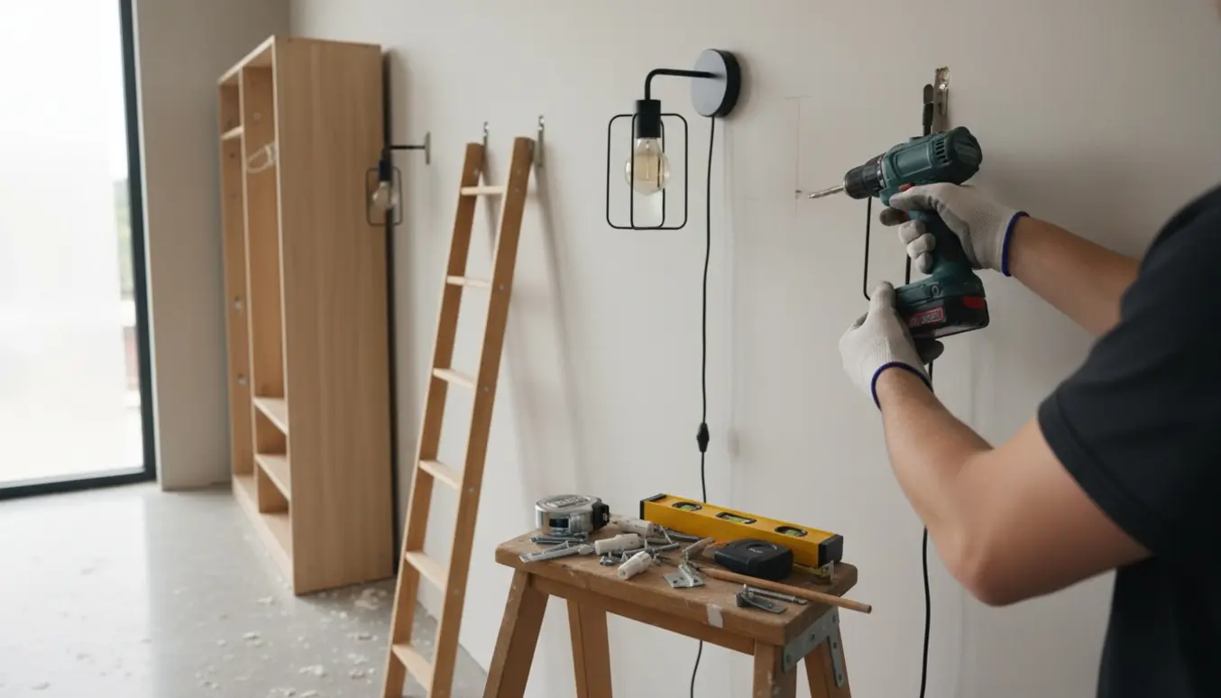Hænder bruger boremaskine til at lave huller og montere lamper, garderobe og skohylde på en væg.
