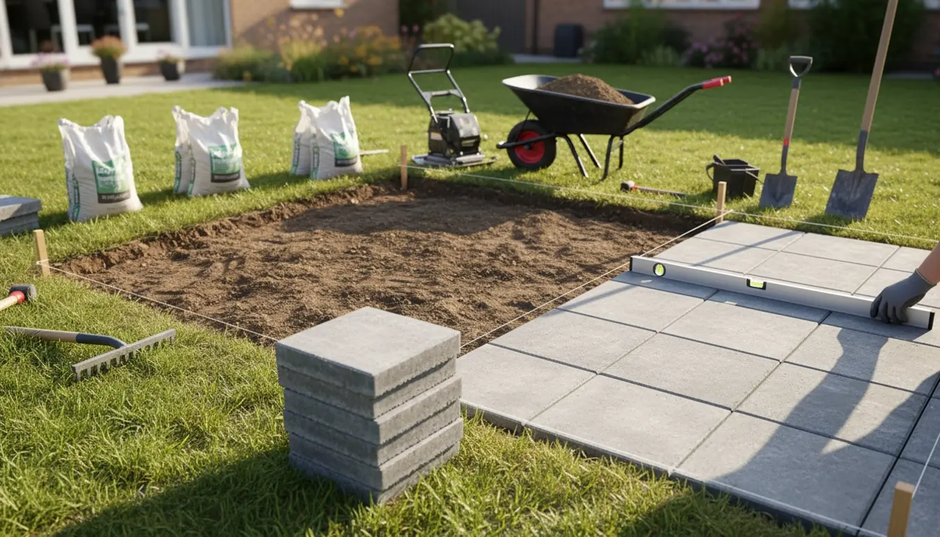 Delvist lagt fliseterrasse i have med stak fliser, værktøj og handsker ved arbejdet.