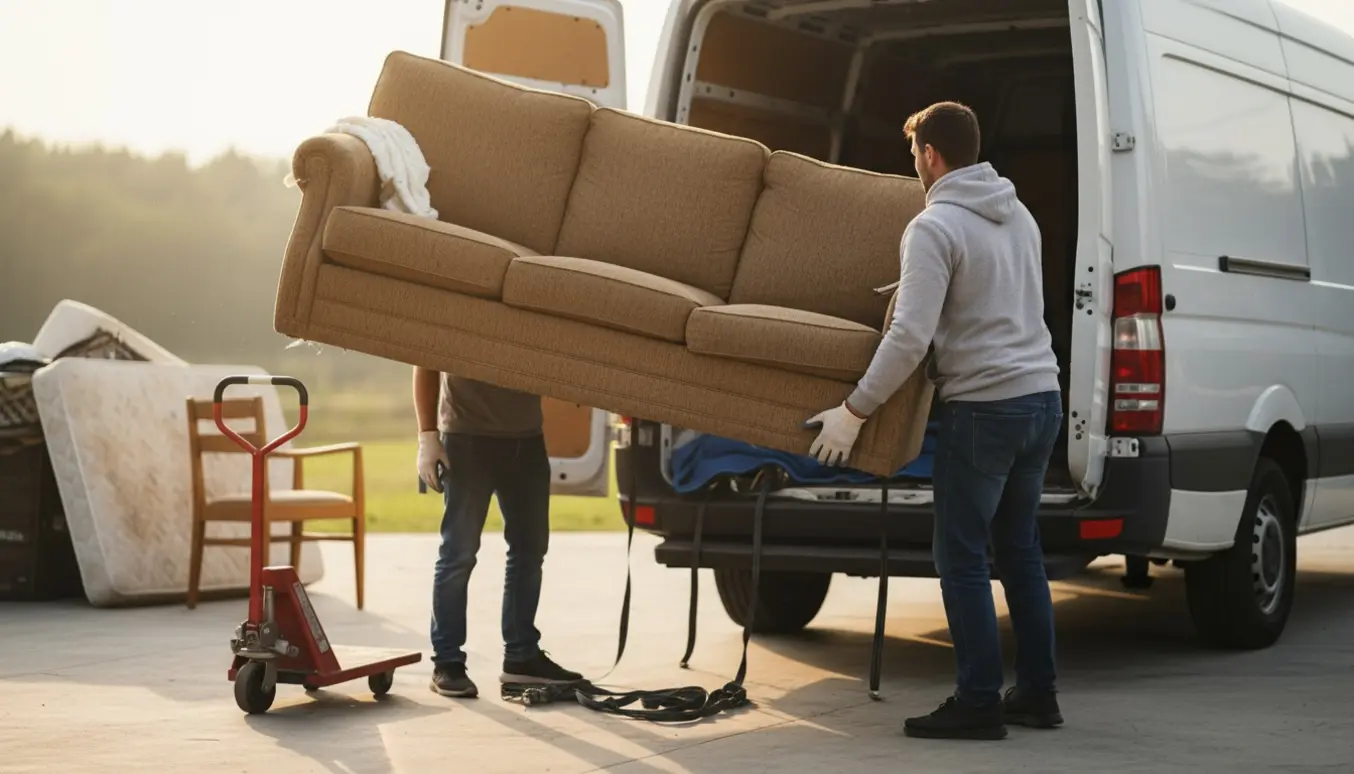 En slidt 3-personers sofa løftes og lastes i en varebil til storskrald, med to hjælpere med ansigter vendt væk.