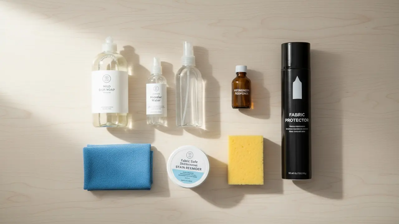 Oversigt over anbefalede rengøringsmidler lagt pænt op: opvaskemiddel, micellar water, brintoverilte, svamp og klud