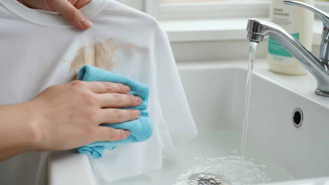 Hvid skjorte med make-up pletter bliver forsigtigt duppet under koldt vand i en vask